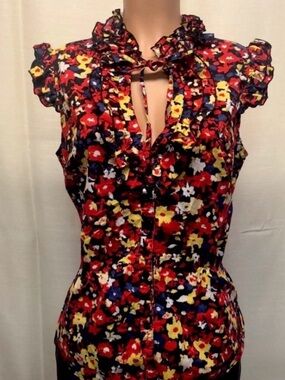 Susie Rose Vibrant Floral Ruffle Blouse M 7/9 Coquette Top Red Yellow Blue